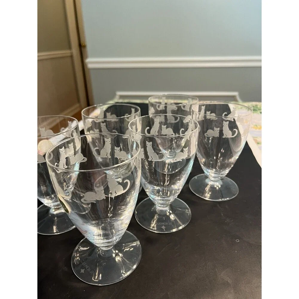 6pc Lenox Crystal Clear Etched Frosted Kitten Cat Dessert Water Footed Glasses